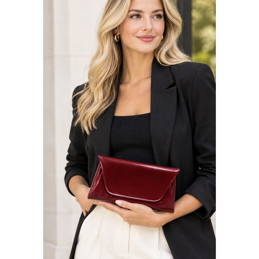 13 Inches Wide Burgundy Faux leather  Fold over Purse Lined Bag Unbranded